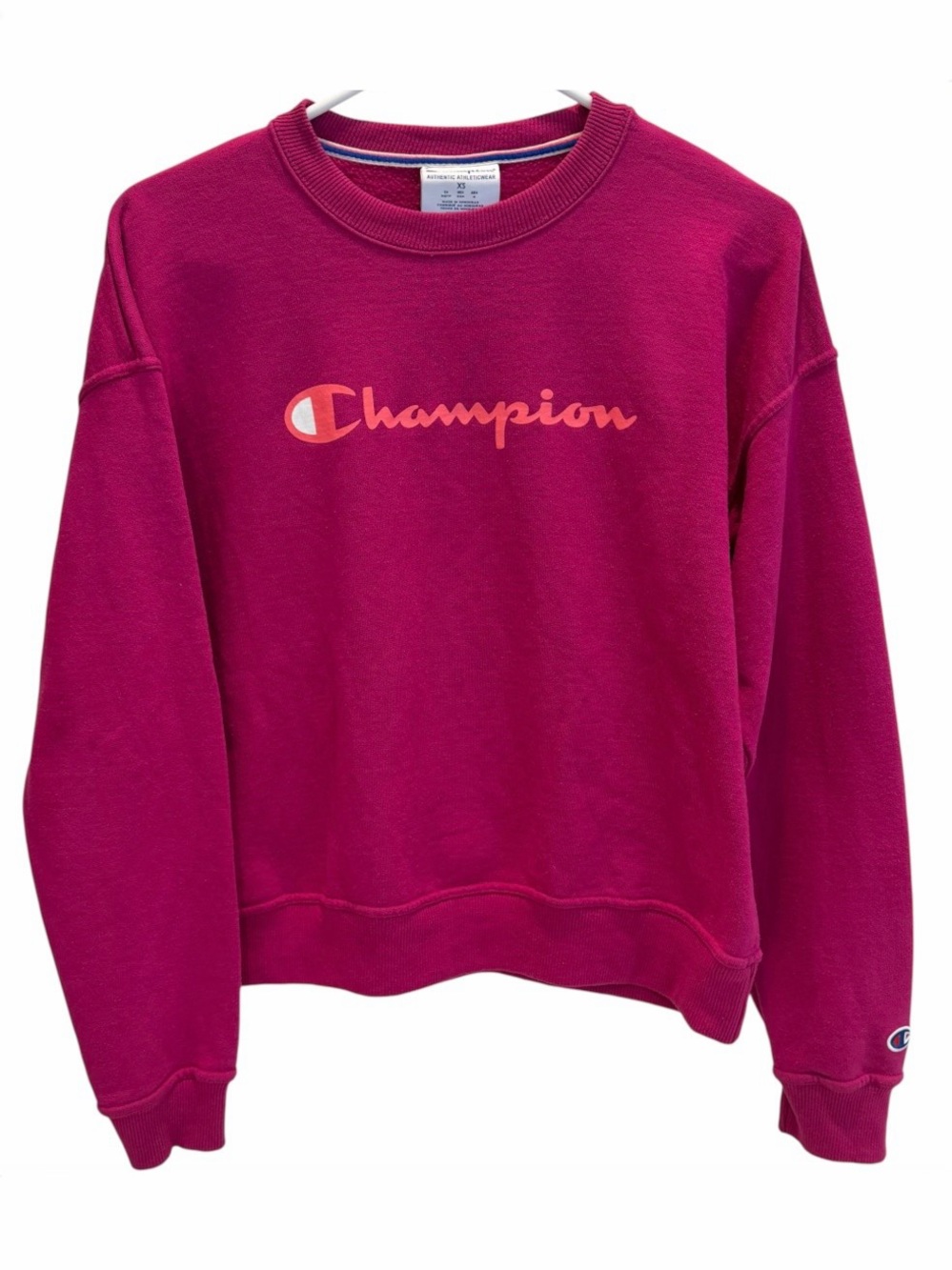 Champion Women’s XS Crewneck Sweatshirt Fuchsia Pink Powerblend Fleece Logo